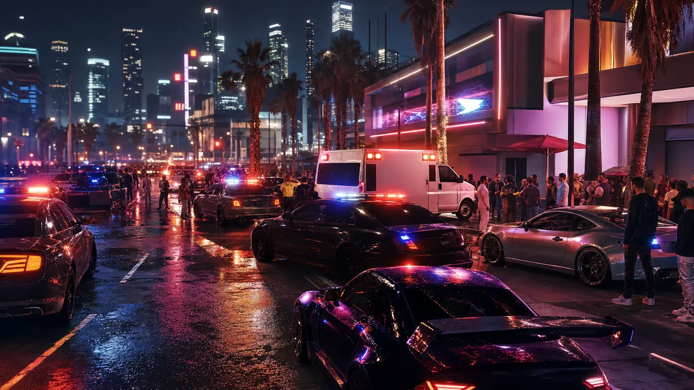 Illustration nocturne façon GTA : une rue de Los Santos animée, voitures de police aux gyrophares bleus et rouges et une ambulance, civils et personnages sur des trottoirs néon, scène d'un serveur de jeu de rôle très fréquenté