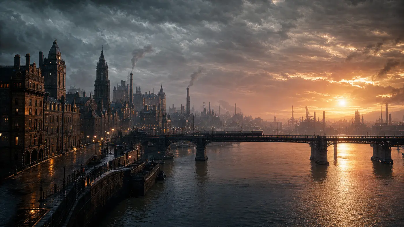 Ville industrielle écossaise au crépuscule au bord d'un large fleuve, bâtiments en grès et long pont routier, ciel orageux percé d'une lumière orangée se reflétant dans l'eau