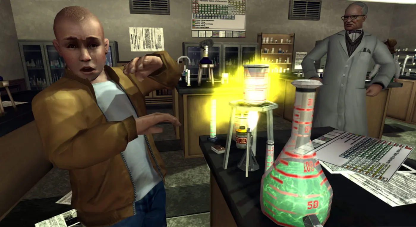 Jimmy Hopkins en cours de chimie devant une paillasse avec un bec Bunsen allumé et un erlenmeyer vert, un professeur âgé en blouse grise observant la scène