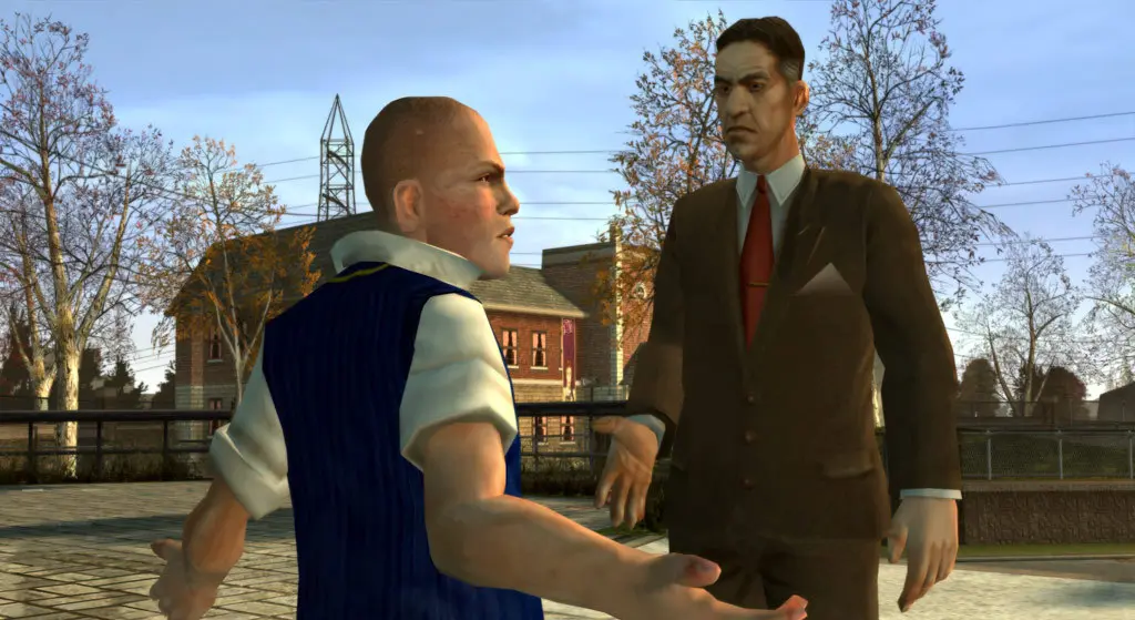 Jimmy en uniforme de Bullworth, gilet bleu rayé sur chemise blanche, faisant face à un homme adulte en costume marron et cravate rouge dans une rue bordée d'arbres d'automne, scène de confrontation