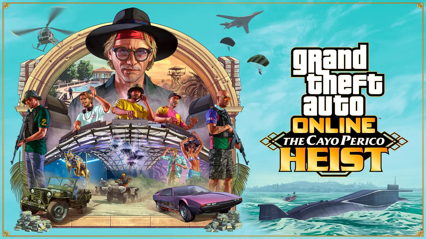 Key art officiel du Cayo Perico Heist : El Rubio au centre, sa villa et sa rave sur l'île, des véhicules d'approche et le sous-marin Kosatka à droite