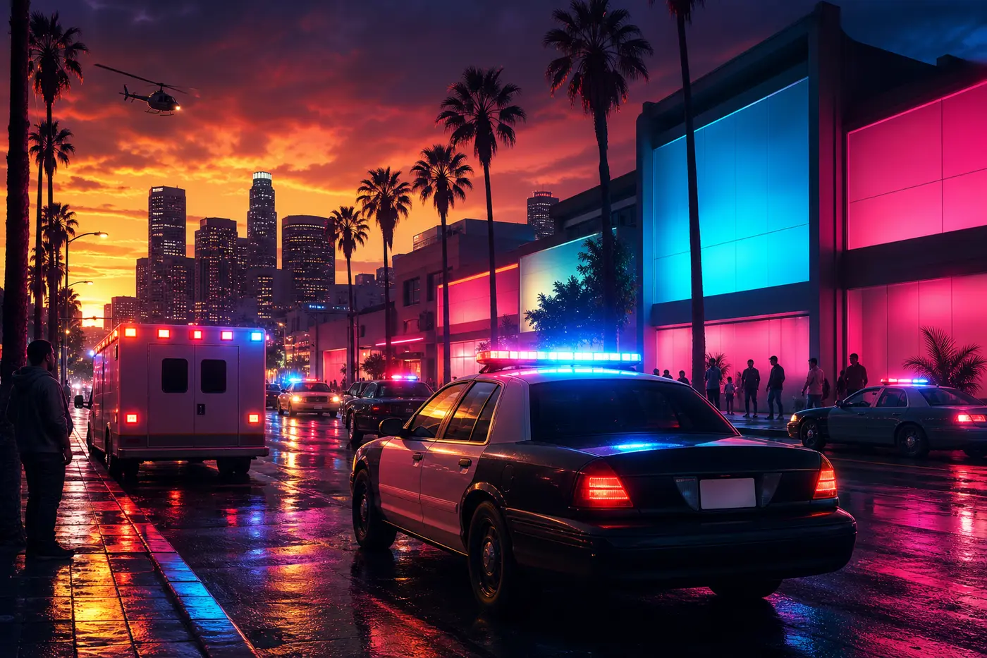 Illustration nocturne façon GTA : une rue d'une ville américaine type Los Santos sous la pluie, gyrophares bleus et rouges de voitures de police et d'une ambulance, passants sur les trottoirs néon, scène évoquant un serveur de GTA RP très scénarisé