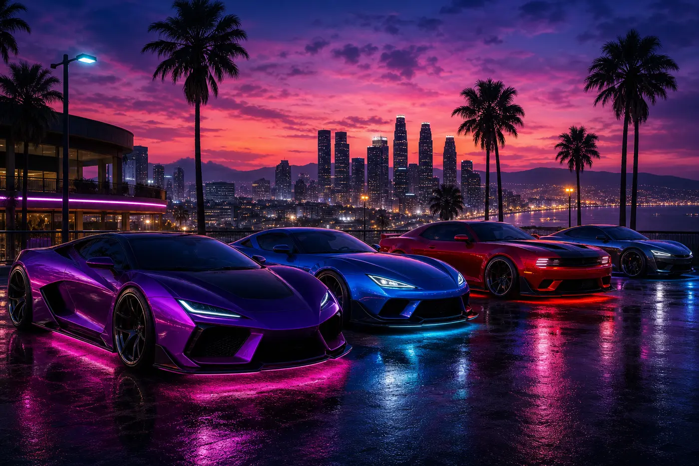 Illustration nocturne façon GTA : un rassemblement de voitures customisées alignées sous des néons sur un belvédère de Los Santos face à la baie, supercars et muscle cars aux carrosseries personnalisées, reflets colorés sur l'asphalte humide, skyline au crépuscule, ambiance car meet