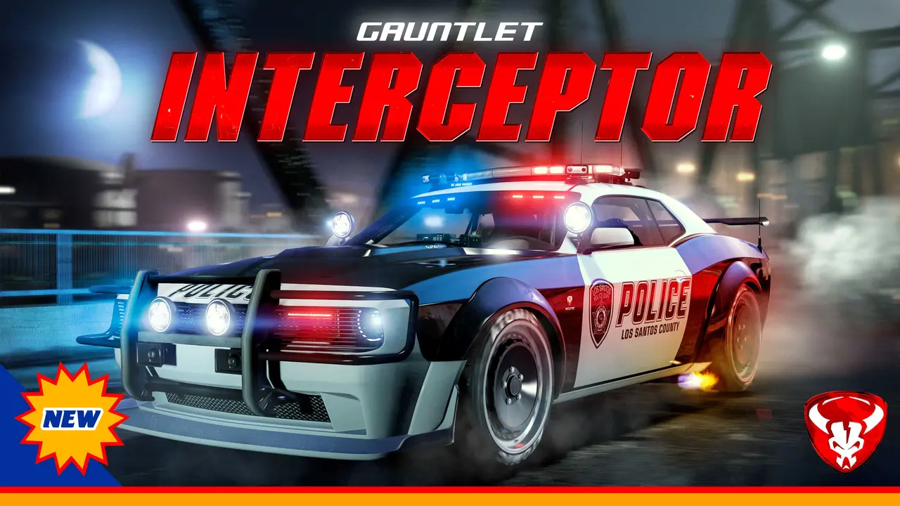 La Bravado Gauntlet Interceptor, muscle car de police noir et blanc aux couleurs du Los Santos County, gyrophares allumés sur un pont la nuit dans GTA Online
