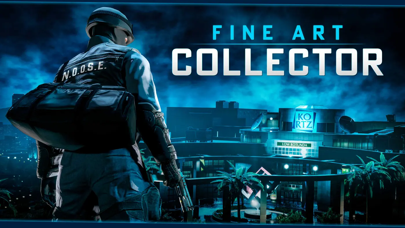 Visuel promotionnel officiel du programme Fine Art Collector : un agent en tenue N.O.O.S.E., sac et fusil dans le dos, observe de nuit le Kortz Center illuminé de bleu, un grand bâtiment-musée à rotonde entouré de palmiers, avec le titre Fine Art Collector incrusté