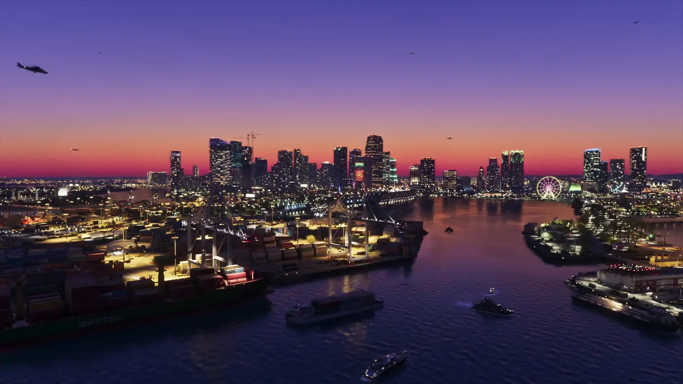 Vue aérienne de Vice City au crépuscule, skyline illuminée, port à conteneurs et grande roue le long de la baie, dans GTA VI