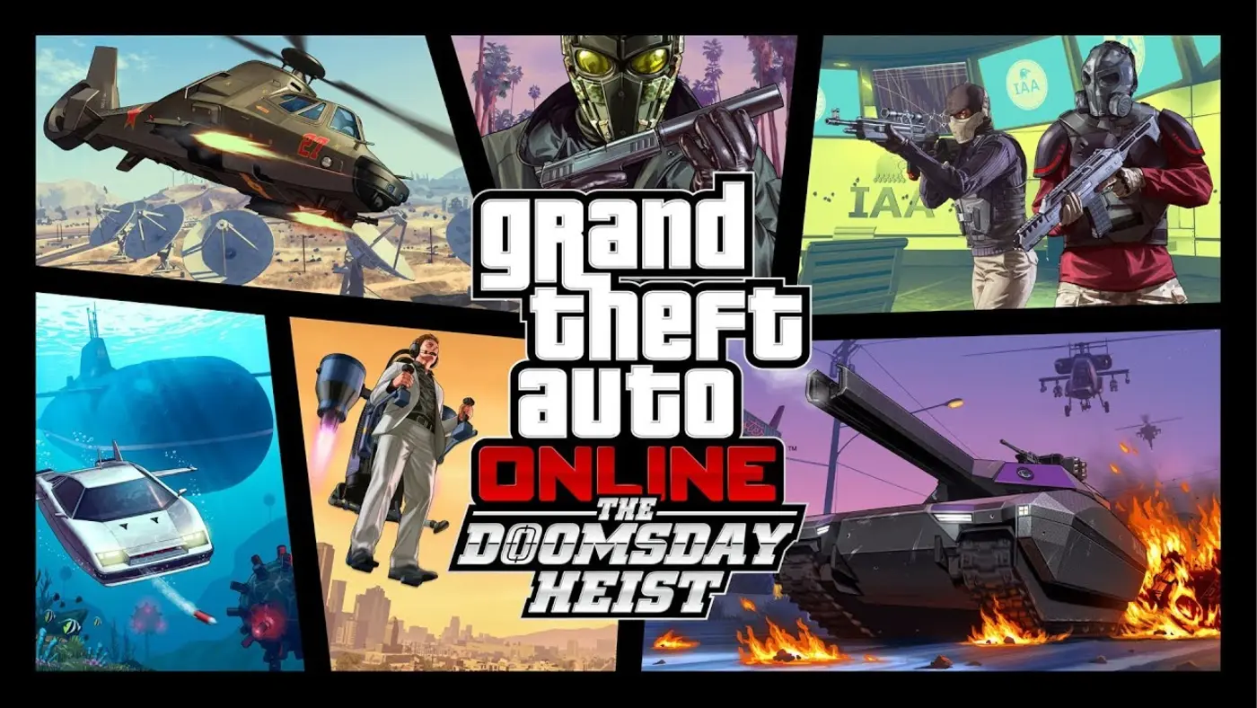 Montage officiel du Doomsday Heist : hélicoptère furtif Akula, agents en masque à gaz, sous-marin et voiture-sous-marin Stromberg, personnage en jetpack au-dessus de Los Santos, char Khanjali au milieu des explosions