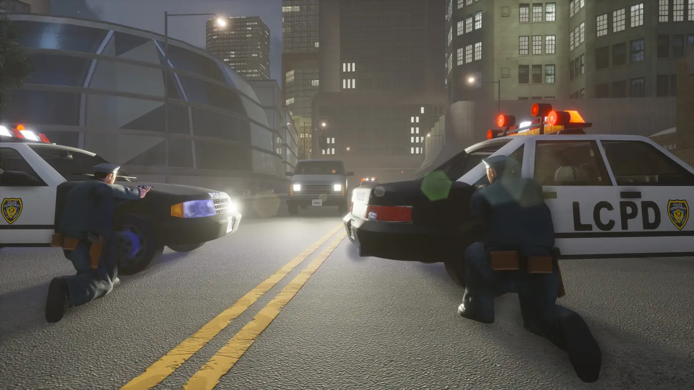 Fusillade dans une rue de Liberty City, deux voitures de police marquées LCPD et policiers à couvert, gratte-ciels en arrière-plan, dans GTA 3