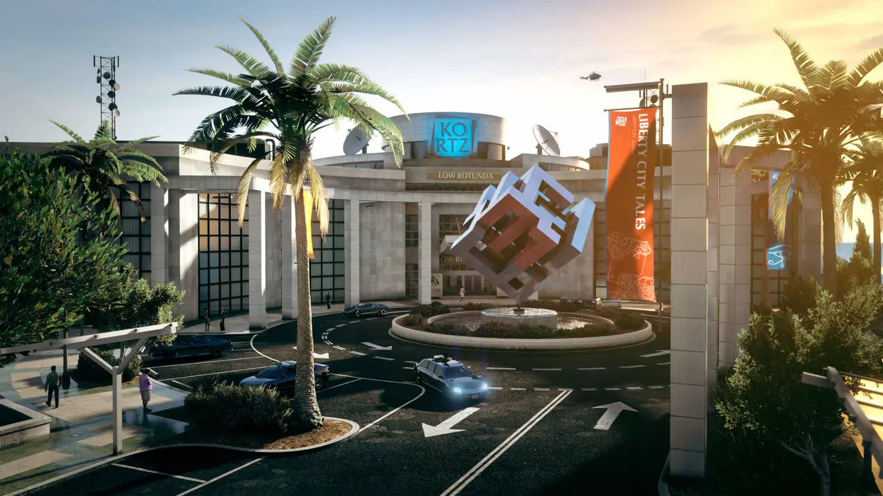 Capture officielle de GTA Online : la façade du Kortz Center à Pacific Bluffs au coucher du soleil, un bâtiment culturel moderne entouré de palmiers, avec une sculpture cubique métallique au centre d'un rond-point et l'enseigne lumineuse KORTZ