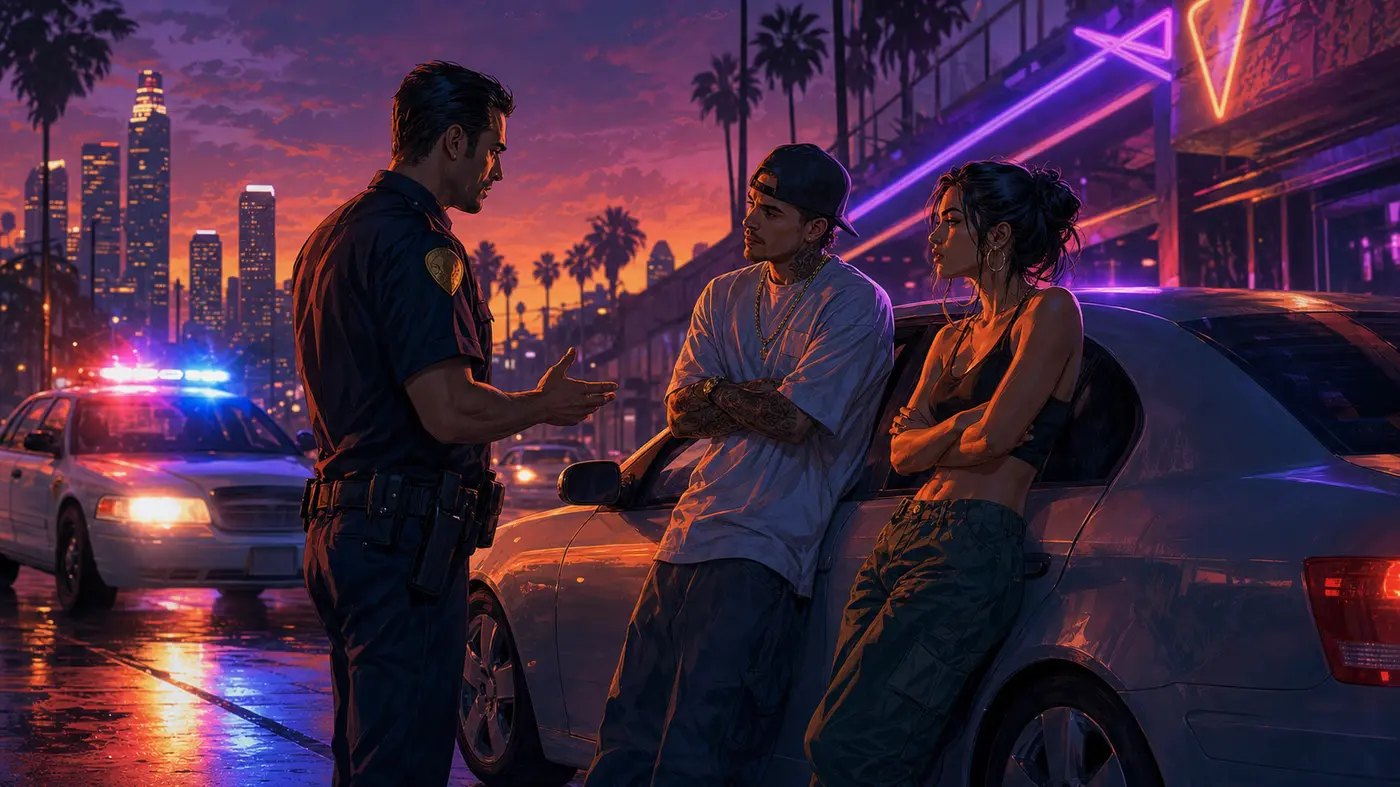 Illustration nocturne façon GTA : un policier en uniforme parle à deux civils près d'une voiture sous des néons, gyrophares rouges et bleus flous, asphalte mouillé, palmiers et ciel crépusculaire