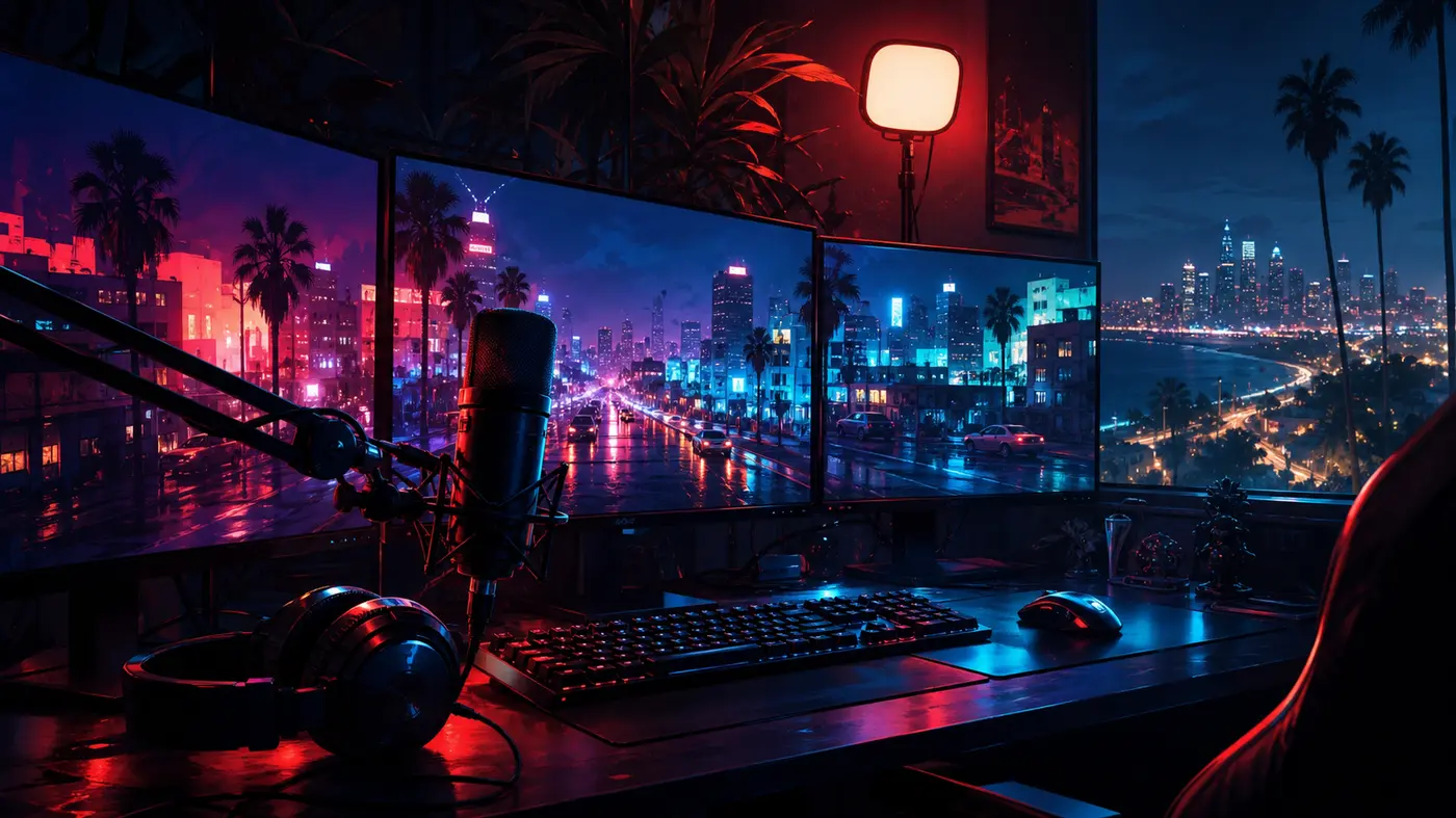 Illustration : poste de streamer plongé dans la pénombre, plusieurs écrans affichant une ville nocturne façon Los Santos, micro sur perche, lumières RGB rouges et bleues, ambiance live tard le soir