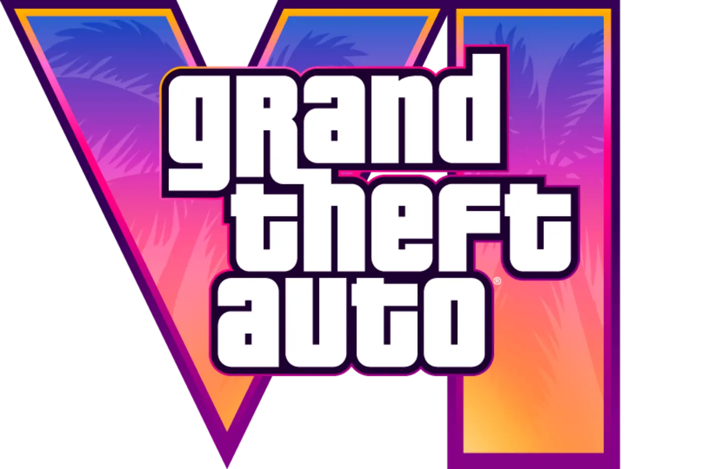 Logo officiel de GTA VI : le chiffre romain VI rempli d'un dégradé coucher de soleil rose et orangé avec palmiers, surmonté du sigle Grand Theft Auto